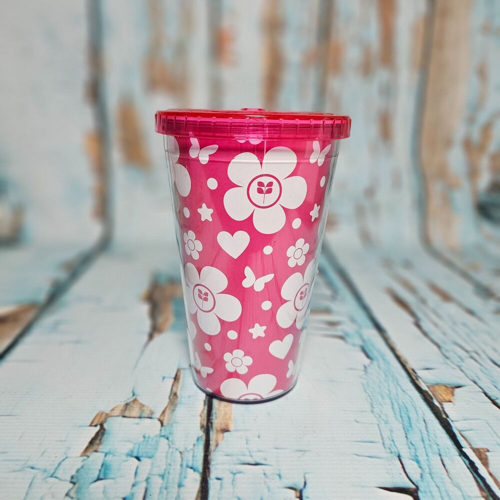 Red Aspen Pink Floral Tumbler Cup w/ Lid Reusable 16oz Daisy Heart Design NEW